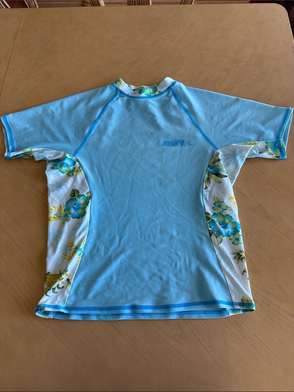 Ron Jon Kids XXL Lycra Rash Guard Bodyguard Aqua Blue Floral Surf Shirt